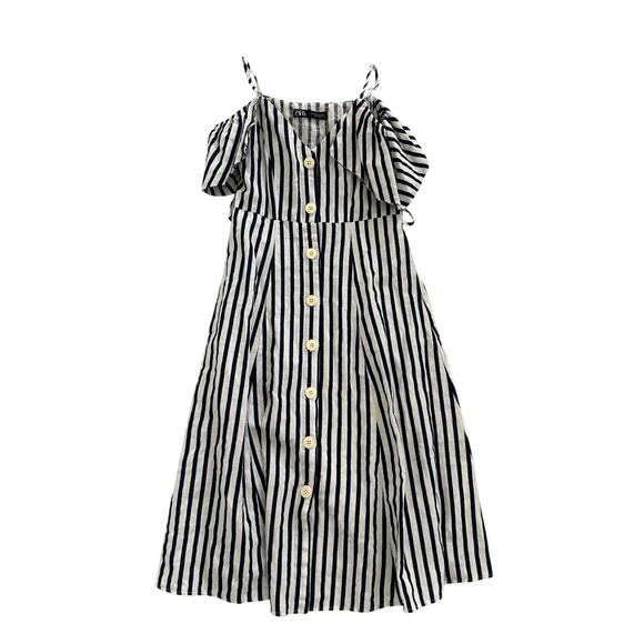 Zara Blue White Striped Cold Shoulder Button Up Linen Blend Sundress Womens XS - Picture 4 of 16
